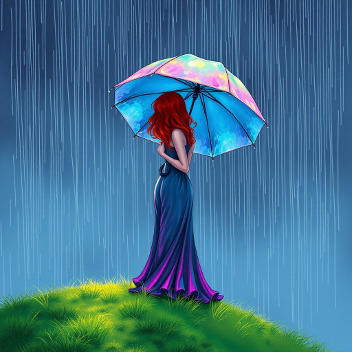 A surreal hand-drawn digital artwork depicting a mysterious red-haired woman standing on a grassy hill under the rain. She holds an umbrella crafted from iridescent zircon, its vibrant sheen contrasting with the soft, rainy atmosphere. The scene feels dreamlike, blending the natural elements of the hill and rain with the otherworldly shimmer of the umbrella.