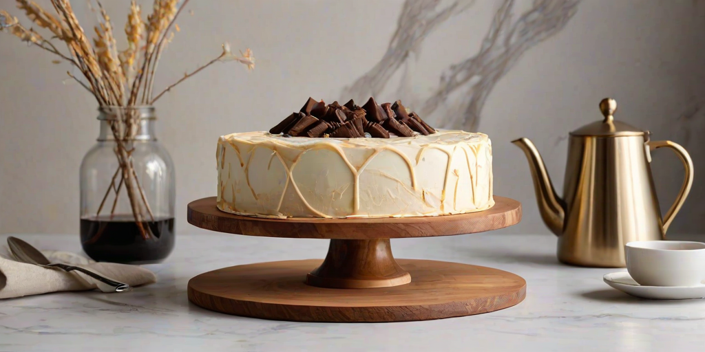 Generate an image of a beautifully crafted cake displayed on a wooden cake stand. The cake features a smooth, creamy surface with a marbled chocolate and vanilla design. There is a decorative coffee pot in the background, adding a touch of elegance to the scene. The overall aesthetic is minimalistic and stylish, with a light-colored background that enhances the cake's appearance.