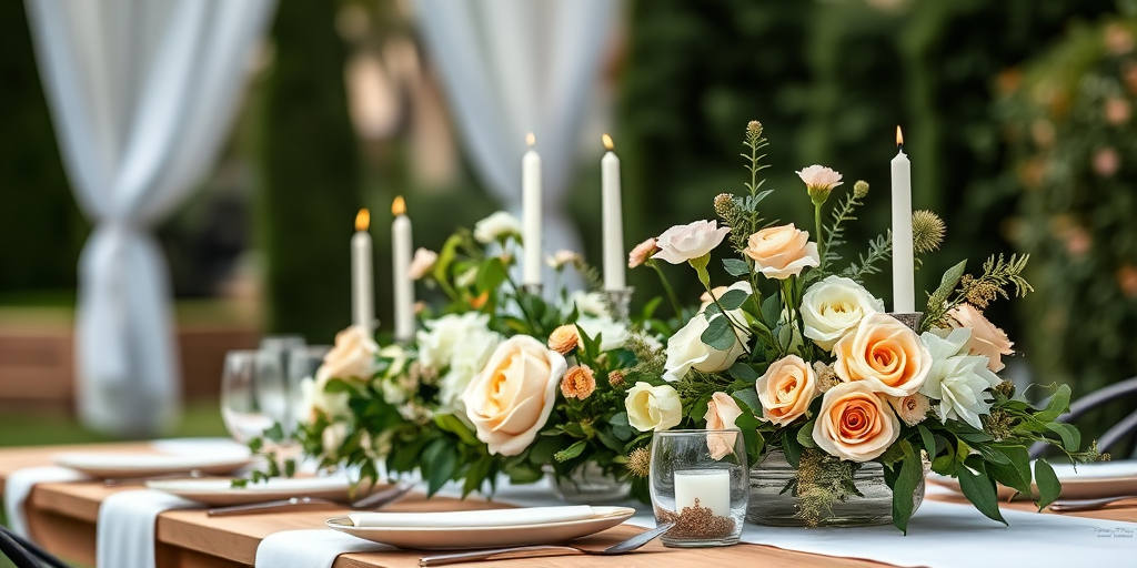 A beautifully set outdoor dining table adorned with elegant floral arrangements featuring white and peach blooms, soft greenery, and candles; captured with a Canon EOS R5 camera, 50mm lens, aperture f/1.8, ISO 200, natural light, shallow depth of field for a dreamy background blur.