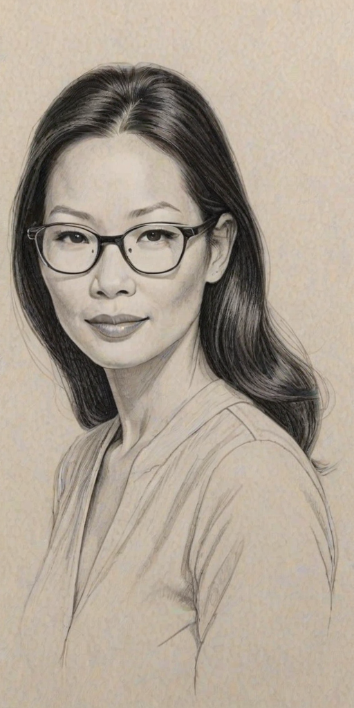 Charming Lucy Liu, pencil sketch, portrait of Pleasing woman 1945s in glasses, hair style beatnik, outline, clear lines, fine lines, 8k