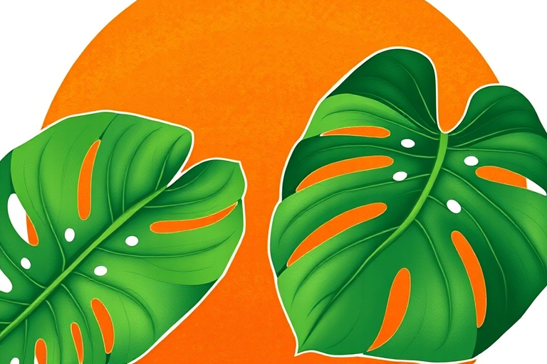 regenerate an illustration of two monstera leaves in green with white outlines on a textured orange circular background, using a DSLR camera, 50mm f/1.8 lens, f/2.8 aperture, ISO 200, 1/60s shutter speed, with bright soft lighting to enhance detail and vibrancy