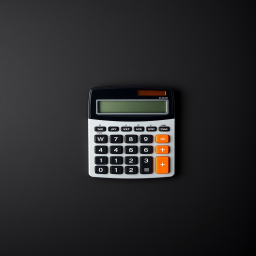 A flat lay photograph of a digital calculator on a dark gradient background, taken with a DSLR camera, 50mm lens, aperture f/2.8, ISO 100, 1/200 sec shutter speed, natural light, high contrast and vibrant colors.