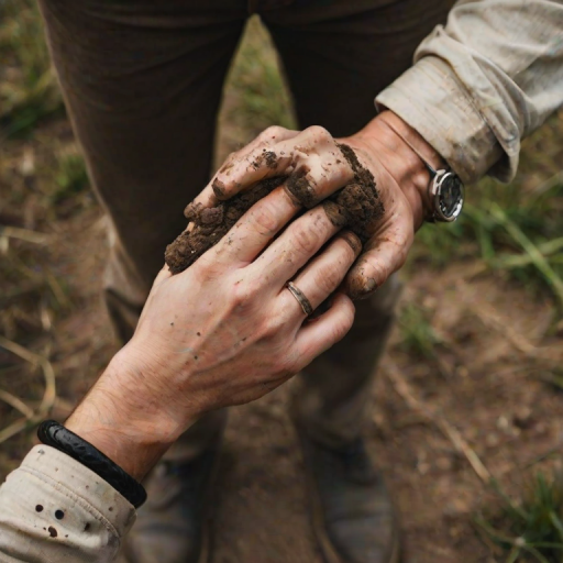 detailed edges, detailed image, perfection style, A cinematic detailed high angle from above image of a man with dirty hands and dirt on them, movie themed, sharp, detailed background, epic cinematic photography, artistic style, dramatic light style, cinematic color style, Kodak 35mm film style, detailed style, hand focus style, solo, shirt, 1boy, jewelry, male focus, outdoors, belt, pants, blurry, blurry background, ring, close-up, black belt, brown pants, multiple boys, 2boys, realistic, wedding ring, grass, yaoi, outstretched hand, hand focus