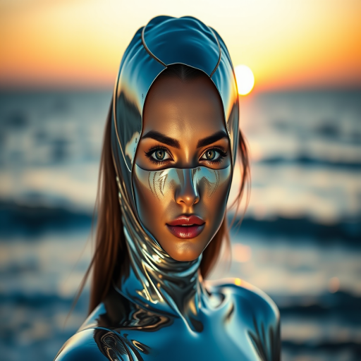 Create a hyper-realistic portrait of a woman with a reflective, liquid metal surface blending with her face, capturing the serene ocean background at sunrise, shot with a Canon EOS R5, 50mm lens, f/1.8 aperture, ISO 100, and a soft focus style to enhance the ethereal quality.