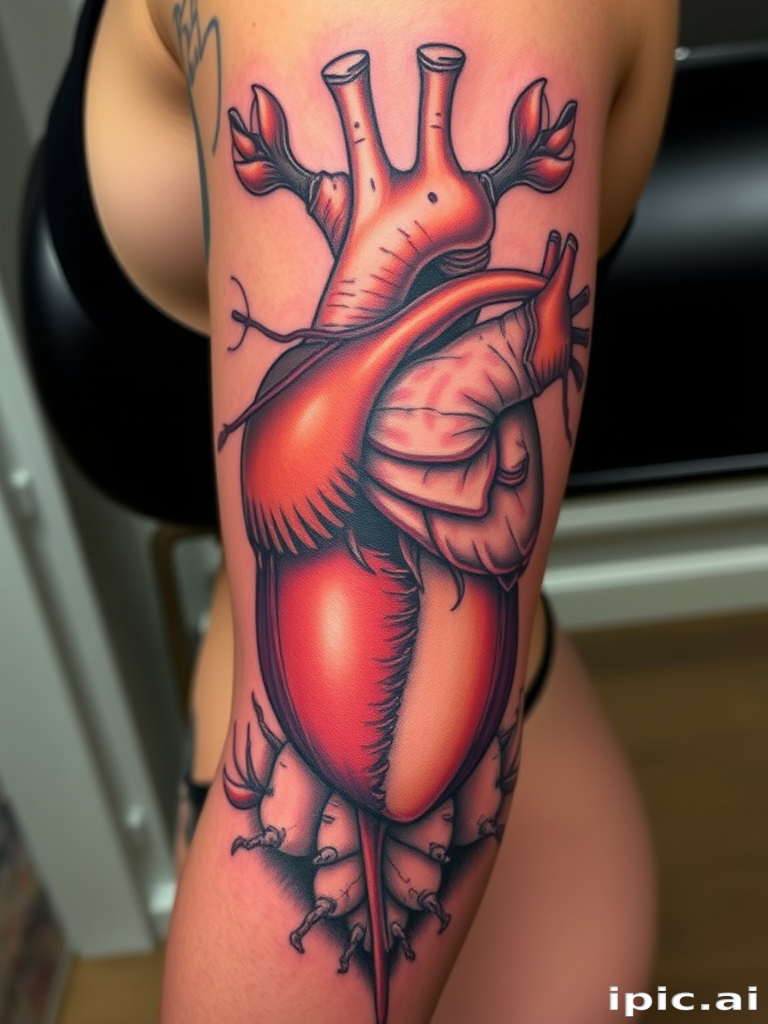 Anatomical tattoo dubbed "Dissected Beauty" portraying highly detailed and scientifically accurate representations of human anatomy with a blend of realistic and stylized elements