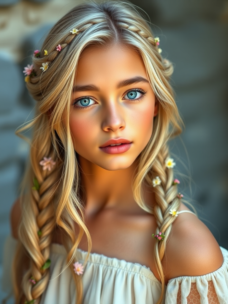 Create an image of a young Hispanic woman with long, wavy blonde hair, adorned with small, colorful flowers woven into her braids and loose strands. Her complexion is fair, with soft, glowing skin, and she has light blue eyes that gaze softly at the viewer. She wears a light, flowing dress with a gentle, ethereal quality, complementing her delicate and serene appearance. The background is slightly blurred, drawing focus to her tranquil expression and the intricate details of the flowers in her hair. The overall mood of the image is one of natural beauty and grace, evoking a sense of peacefulness and connection with nature.