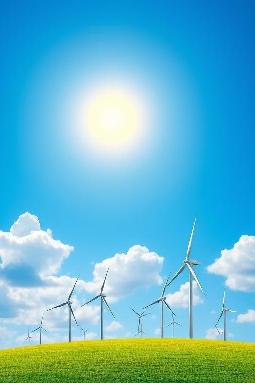 Create an illustration of a vibrant blue sky with fluffy white clouds and a bright yellow sun, featuring multiple white wind turbines on a green grass field, DSLR camera, 35mm lens, f/8 aperture, ISO 100, natural lighting.