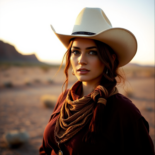 Dramatic photo of a beautiful Georgian woman, classic cowboy attire, confident and free spirit expression, half-length portrait, centered, golden hour desert landscape, warm, diffused light, low angle, medium format film camera, in style of Annie Leibovitz.