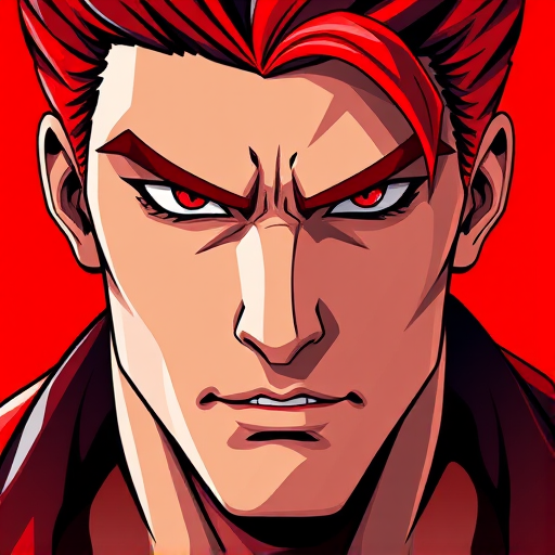 Create a highly stylized digital illustration of a male character with sharp features and red hair, featuring intense red eyes, in a bold and graphic style, using a Canon EOS R5 with a 50mm f/1.2 lens, ISO 100, aperture f/2.8, and soft diffused lighting for enhanced detail and contrast, viewed from a frontal perspective.
