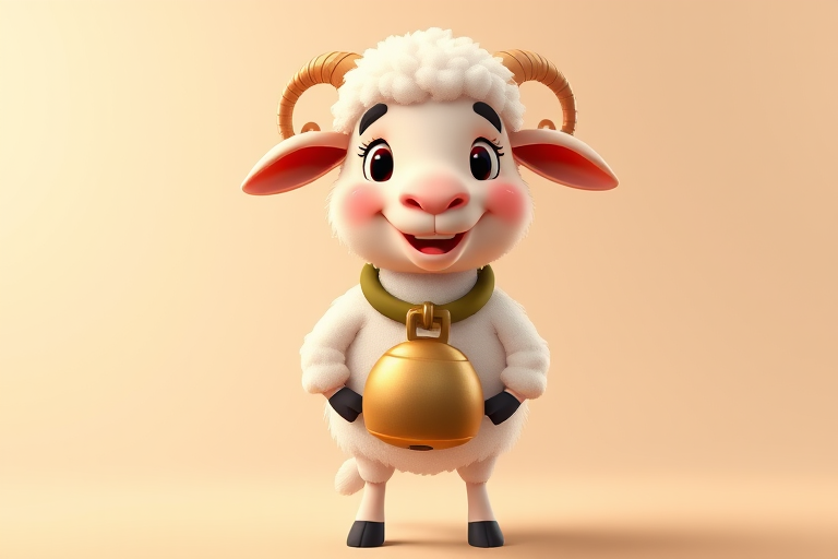 Generate a high-quality cartoon image of a friendly sheep standing upright, featuring a large bell around its neck, with clear, vibrant colors, using a Canon EOS 5D Mark IV at f/8, ISO 100, 50mm lens, in a well-lit studio setting.