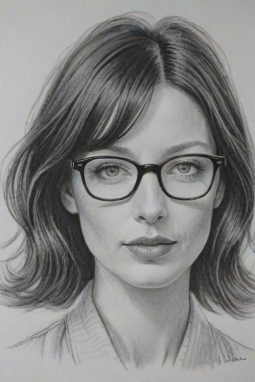 Ravishing Caitriona Balfe, pencil sketch, portrait of Delightful woman 1968s in glasses, hair style beatnik, outline, clear lines, fine lines, 8k
