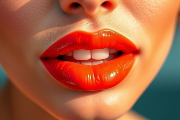 Vibrant coral-hued lips with a glossy finish shine brilliantly, capturing the essence of a tropical sunset in the "Sunset Bliss" style, featuring a subtle ombre effect that gradually transitions from deep coral to a lighter peachy tone at the center, creating a mesmerizing dimensional appearance that enhances the natural fullness of the lips while providing a fresh and youthful glow