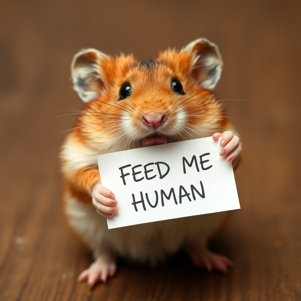 hamster holding a note which says "FEED ME HUMAN"