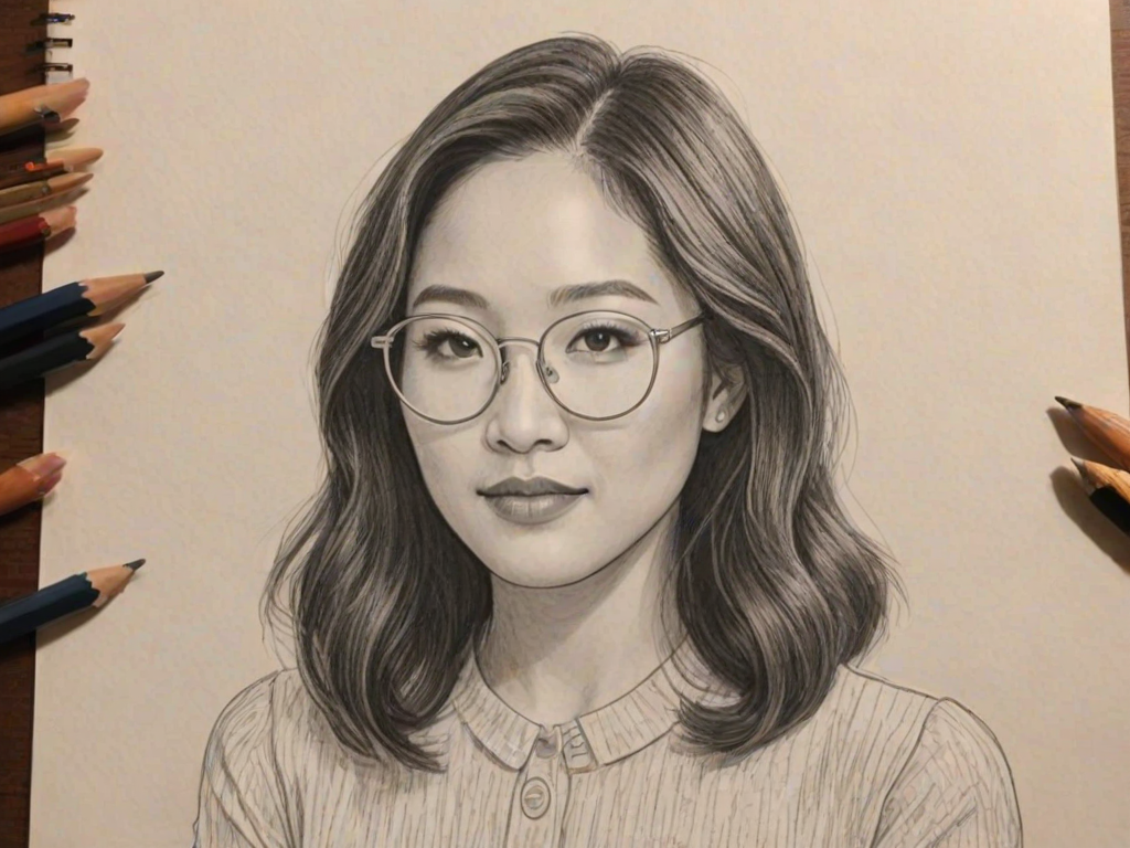 Splendid Constance Wu, pencil sketch, portrait of Splendid woman 1952s in glasses, hair style beatnik, outline, clear lines, fine lines, 8k
