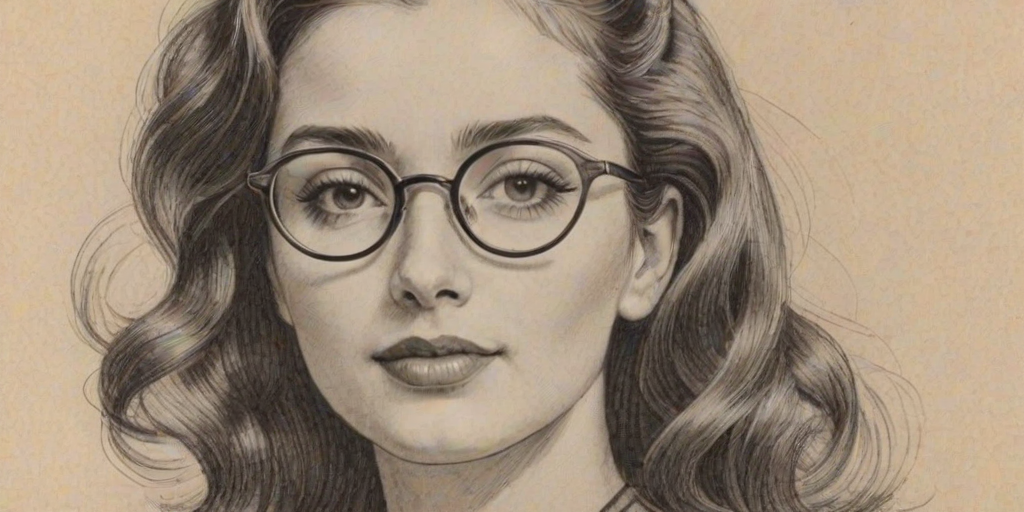 Fetching Emily Robinson, pencil sketch, portrait of Gorgeous woman 1943s in glasses, hair style beatnik, outline, clear lines, fine lines, 8k