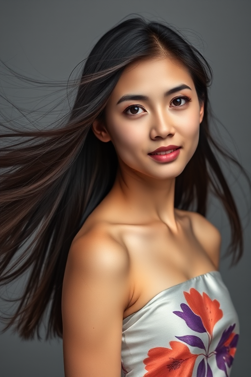 Photographic image of a beautiful young Hmong woman, brown eyes, lips with white lipstick, long hair fluttering in the wind and wearing a silk strapless dress with a soft purple and orange print. monochrome image with only color highlights in the iris of the eyes, lipstick and dress. Gray background.