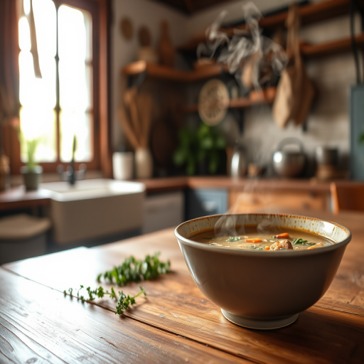 Close-up of a steaming bowl of homemade soup on a wooden table, soft natural light from a nearby window illuminating the rustic kitchen, with fresh herbs scattered nearby and a cozy atmosphere filling the space.