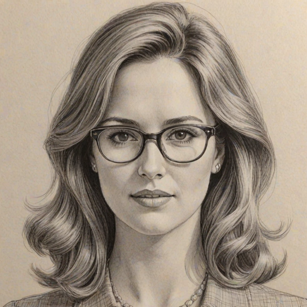 Attractive Chevy Chase, pencil sketch, portrait of Comely woman 1965s in glasses, hair style beatnik, outline, clear lines, fine lines, 8k