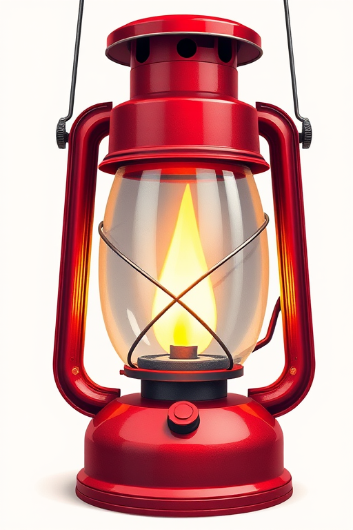 Create a highly detailed illustration of a vintage oil lantern with vibrant red and white colors, soft lighting highlighting the glass and flame, macro lens, f/2.8 aperture, 1/60 sec shutter speed, ISO 100, captured in a studio setting with a neutral background for enhanced image quality.