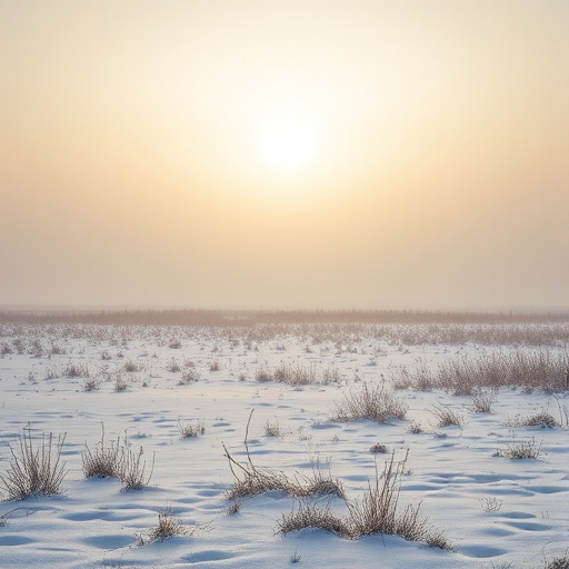 winter landscape with snow-covered field and fog, early morning light, shallow depth of field, ISO 100, f/4.0, 1/125 sec, 24mm lens, DSLR camera, slight vignette effect, soft colors and high contrast