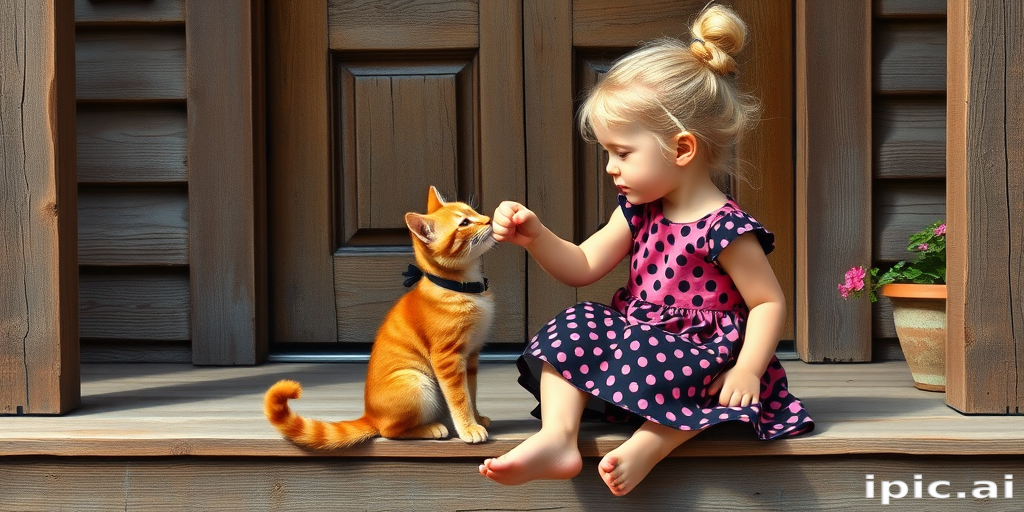 Airbrush, whimsical, glossy oil painting, hyper realism of a pretty little girl with blond hair in undone bun, wearing a simple pink and black polk-a-dot dress, bare feet, sitting on a wooden porch step in front of a rustic old wooden door, fist bumping with her fluffy orange tabby, textured, potted flowers on porch.
