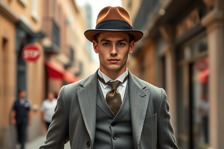 Create a portrait of a young man in early 20th-century fashion, wearing a tailored suit with a waistcoat and a stylish hat, standing confidently in a vintage urban setting, captured with a Canon EOS R5 at f/1.8, ISO 100, 50mm lens, with soft natural light and a shallow depth of field for a refined and detailed look.