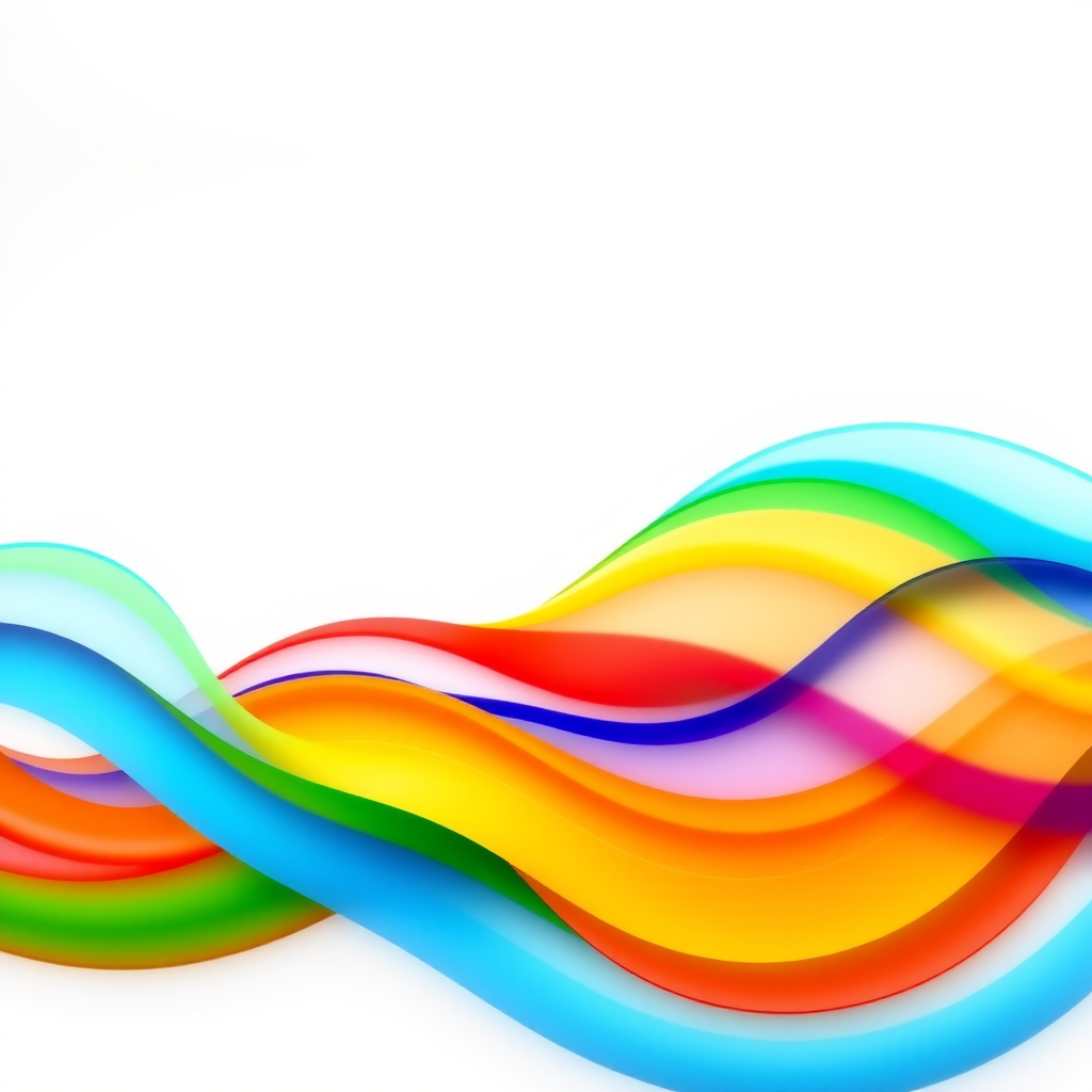 Generate a vibrant wave design with a spectrum of colors including red, orange, yellow, green, blue, and violet on a clean white background, using a DSLR camera with a 50mm lens at f/2.8, ISO 100, and a shallow depth of field to enhance detail and clarity.