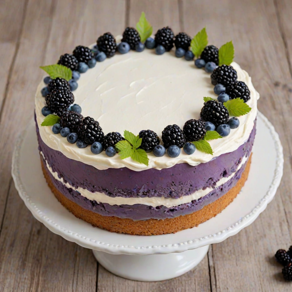 Create an image of a round cake with a smooth white frosting topped with a decorative arrangement of blackberries and blueberries. The berries should be placed in a crescent shape around the top edge of the cake, with a touch of green leaves for contrast. The cake should sit on a simple white cake board, and the background should be a soft, neutral color to highlight the cake's features.