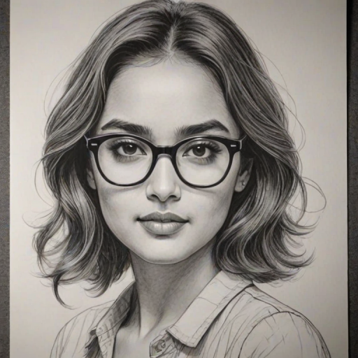 Enticing Summer Bishil, pencil sketch, portrait of Gorgeous woman 1949s in glasses, hair style beatnik, outline, clear lines, fine lines, 8k