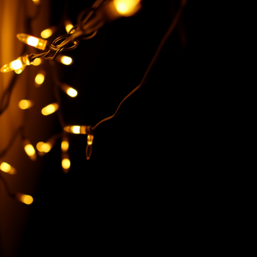 string lights illuminated against a dark background, focus on vibrant glowing lights, shallow depth of field, aperture f/2.8, ISO 100, 1/60 sec, taken with a DSLR camera, top-down view, warm color grading
