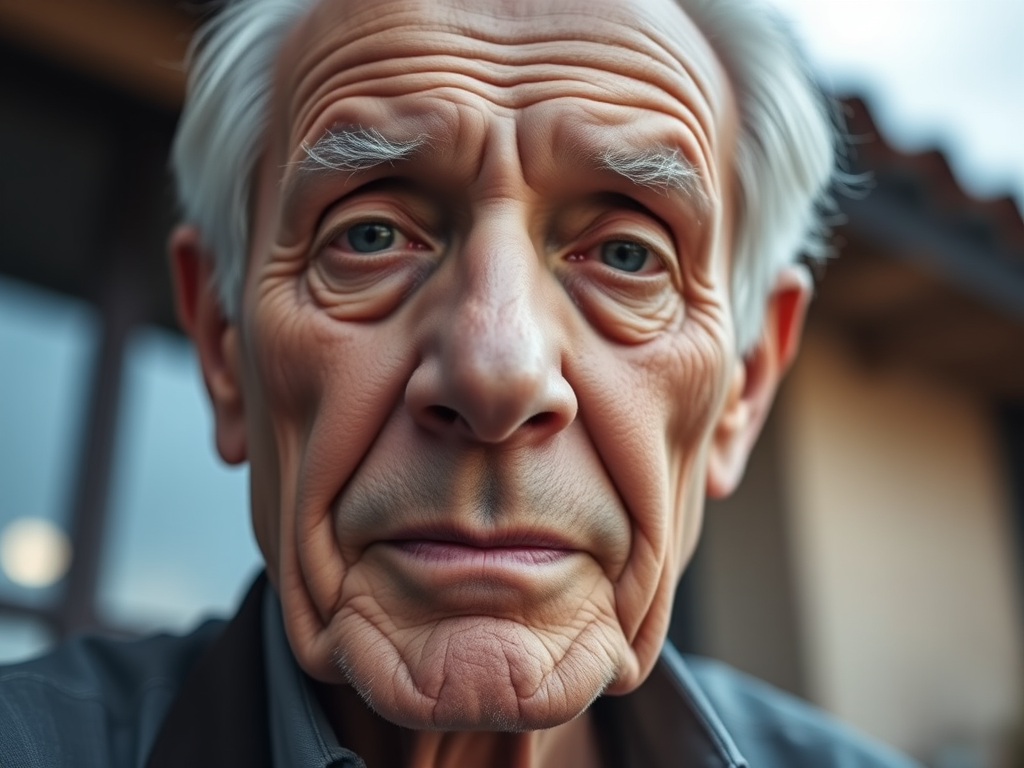 Portrait of an elderly man with deep wrinkles, soft natural light, blurred background, 50mm lens, f/1.8 aperture, ISO 200, shot from a low angle to emphasize facial features, using a DSLR camera.
