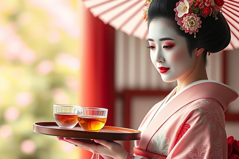 Generate a high-quality image of a traditional Japanese geisha holding a tray with tea, in a soft pastel color palette, using a Canon EOS R5, 50mm lens, f/1.8 aperture, ISO 100, 1/200s shutter speed, with a shallow depth of field for a dreamy background effect.