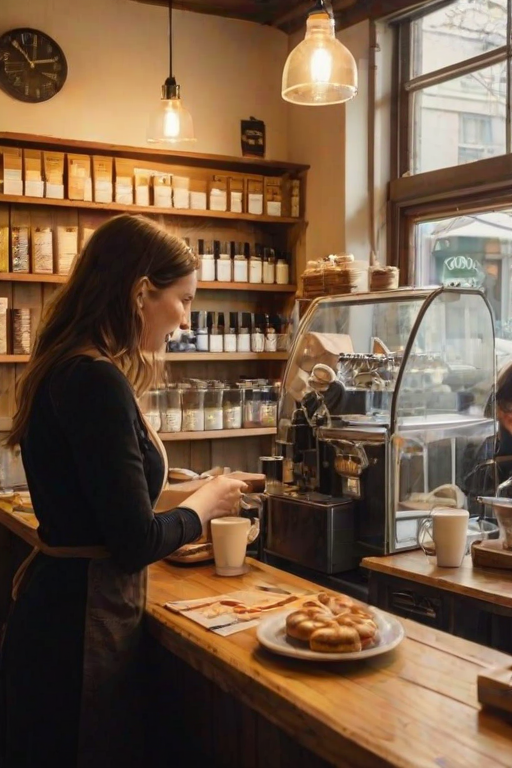 Charming cafe scene, with a barista skillfully pouring latte art, customers chatting at rustic wooden tables, and pastries displayed in a glass case, all bathed in warm, golden light.