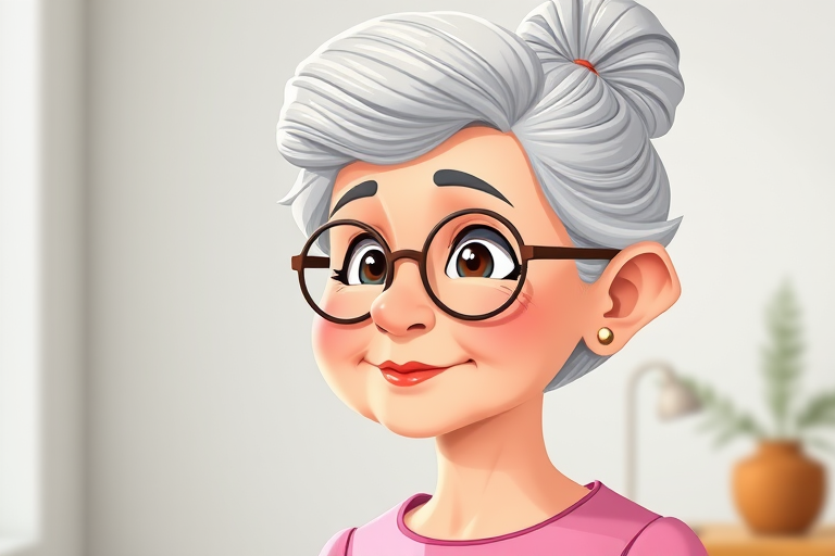 Create a high-resolution cartoon image of a cute elderly woman with gray hair styled in a bun, wearing a pink dress and round glasses, captured with a Canon EOS 5D Mark IV, 50mm lens, f/1.8 aperture, ISO 100, in a soft daylight setting for vibrant colors and gentle shadows.