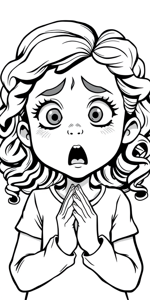 The image is a black and white illustration of a young girl with curly hair. She has a surprised expression on her face with her mouth open and her hands clasped together in front of her chest. Her eyes are wide and her eyebrows are furrowed. Her hair is styled in loose curls that are cascading down her back. The overall mood of the image is one of shock or surprise.