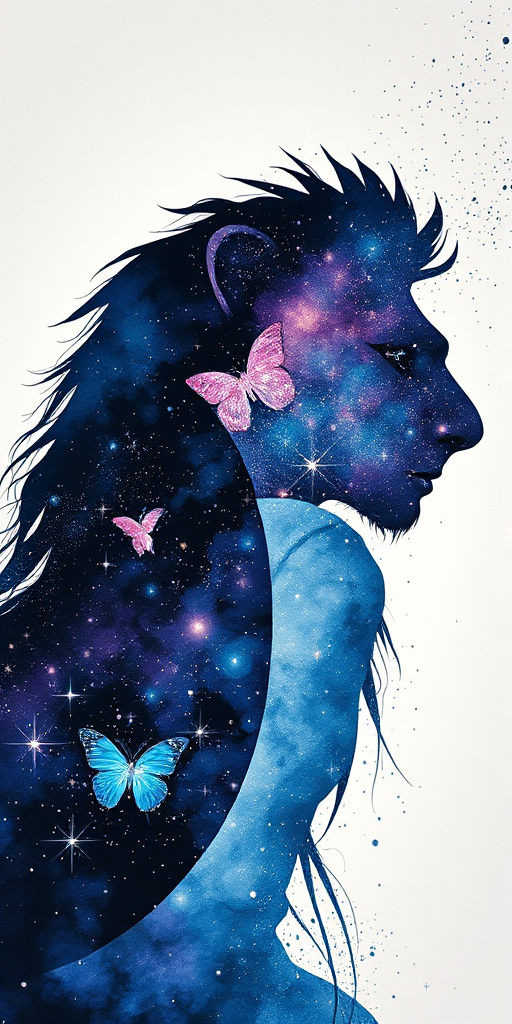 Captivating conceptual render alcohol ink art, double exposure, the paint strokes artfully merge combining a woman's full silhouette with a Beaming butterfly's silhouette. The figures are composed of a series of colored dots, lines & spots that evoke the image of a cosmic galaxy, colors are deep shades of blue purple & black with flashes of white & silver representing distant stars. The woman's silhouette is formed within the lion's silhouette from constellations of scattered stars, surreal
