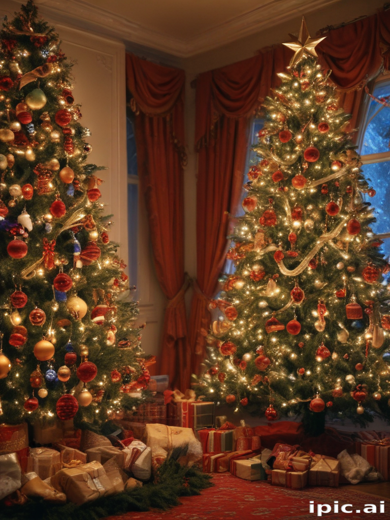 Festive Holiday Scene with Two Beautifully Decorated Christmas Trees ...