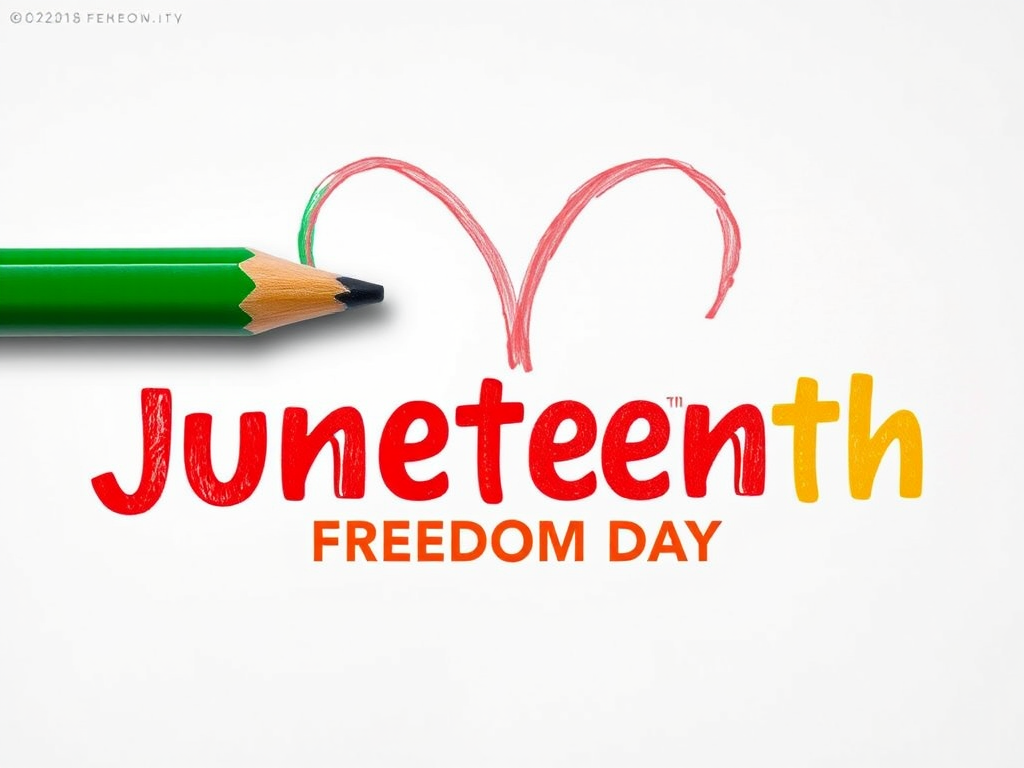 Create an image celebrating Juneteenth with a festive design featuring a colorful pencil drawing a heart, incorporating green, red, and yellow colors, with text that says "Juneteenth Freedom Day" in bold, vibrant letters, using a DSLR camera with a 50mm lens, f/1.8 aperture, ISO 100, and natural light for clarity; centered composition with a soft background blur.