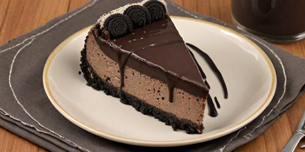 Create an image of a slice of decadent chocolate Oreo cheesecake. The cheesecake should have layers of creamy chocolate and vanilla, with crushed Oreos mixed in. The top should be adorned with a generous layer of chocolate ganache and whole Oreo cookies. The plate should have a few scattered Oreo crumbs for decoration, and the background should be a simple, inviting kitchen setting.