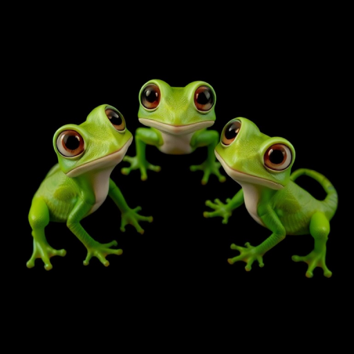 Create an image of three cartoon-style green lizards positioned in a triangular formation, with large expressive eyes, on a solid black background, using a DSLR camera with a 50mm lens at f/2.8, ISO 100, 1/200s shutter speed, shot from a slightly elevated angle to enhance depth and clarity.