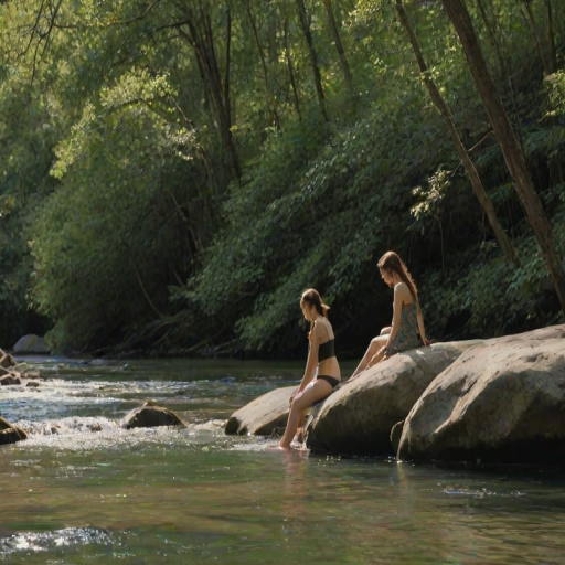 Secluded riverbank, the water flowing quietly past, as a woman sits on a large rock, her toes dipping into the cool water, with dense trees all around.