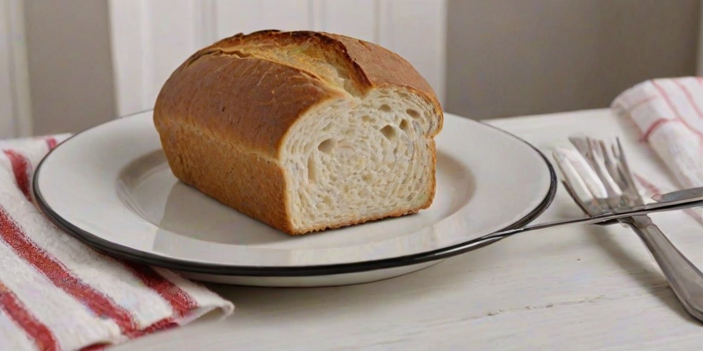 Generate an image of a freshly baked loaf of bread on a white rectangular plate. Next to it, place a slice of the bread on a round white plate with a black rim. Include a fork resting on the plate with the slice. The background should have a light-colored wooden surface and a striped red and white cloth.