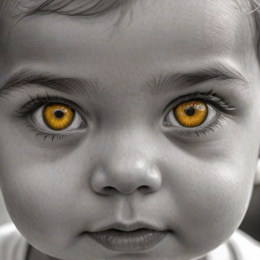 A hyperdetailed photorealistic black and white sketch of a beautiful toddler with deep Yellow eyes, with a macro focus