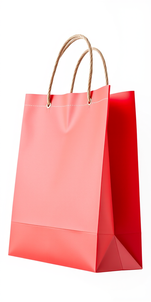 red shopping bag with brown handles on a white background, captured with a 50mm lens at f/2.8, ISO 100, in natural light, using a DSLR camera for sharp details and vibrant colors.