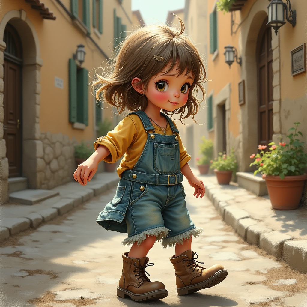 Whimsical little 3-year-old girl wearing scruffy tomboy clothes, boots, messy hair heavily blushed cheeks, pink lips, closely dancing in the street of an Italian village,Textured painterly fantasy artistic mixed media