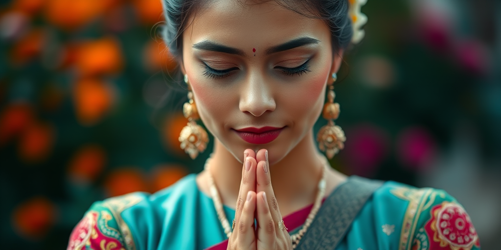 Generate an image of a woman in traditional attire with hands in a prayer position, using a Canon EOS R5 camera, 50mm lens, f/1.8 aperture, ISO 100, front view, high contrast colors, sharp focus on facial features, vibrant background.