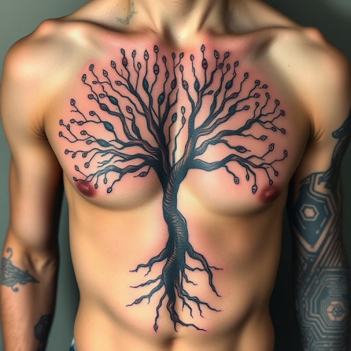 Surrealist tattoo combining elements of nature and technology on the ribcage, featuring a tree with circuit board branches and digital leaves in muted earth tones