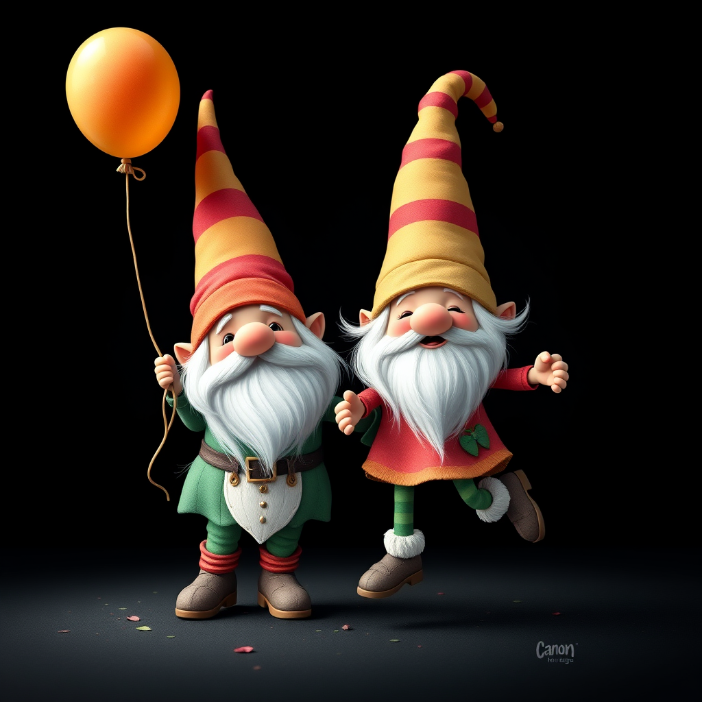 Create a vibrant digital illustration of two whimsical gnomes, one holding a colorful balloon and the other jumping rope, set against a dark background, using high-resolution settings to enhance detail, with a Canon EOS R5 camera type, 50mm lens, f/1.8 aperture, 1/200 sec exposure, and natural lighting to emphasize colors and textures.