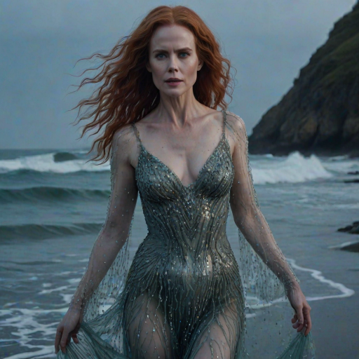 Bewitching image of Nicole Kidman, Big Little Lies star, with her porcelain skin and cascading red curls, emerging from misty waves in a sheer, iridescent gown, on a moonlit beach dotted with bioluminescent algae