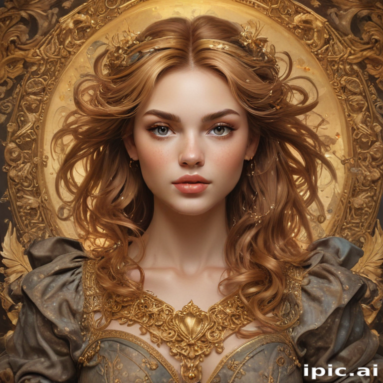 Regal Portrait of a Young Woman Surrounded by Ornate Golden Details